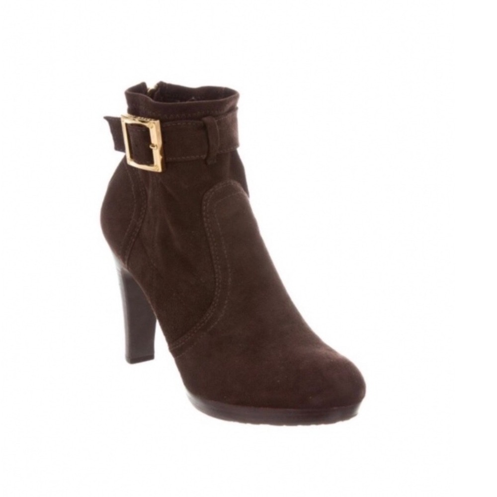 Tory Burch Melrose Brown Suede Buckle Ankle Booties Gold Logo Size 6.5M